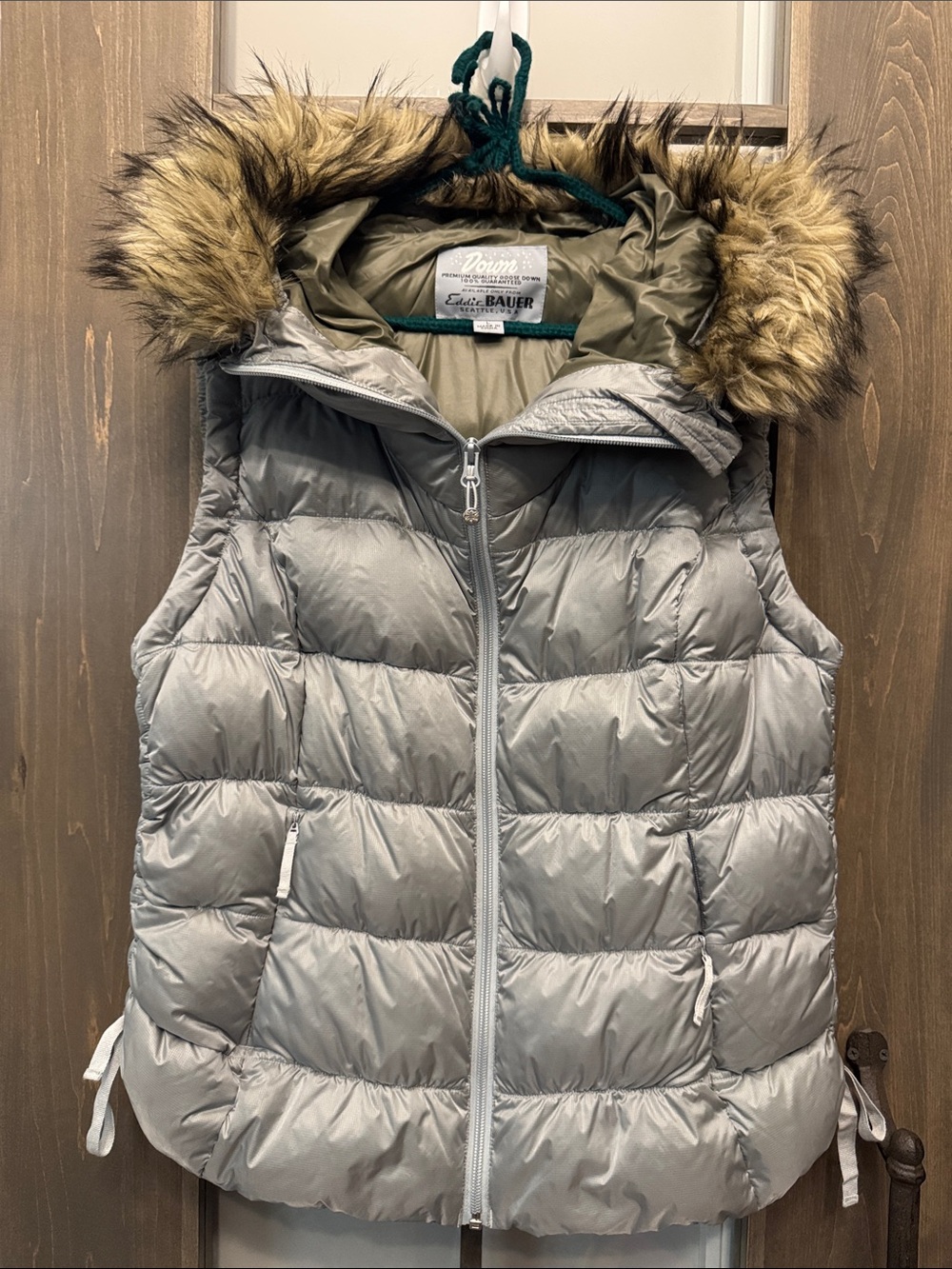 Eddie Bauer Gray Goose Down Vest 550 Puffy Full Zip Faux Fur Hood